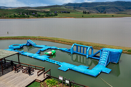 An ariel view of the inflatable floating waterpark